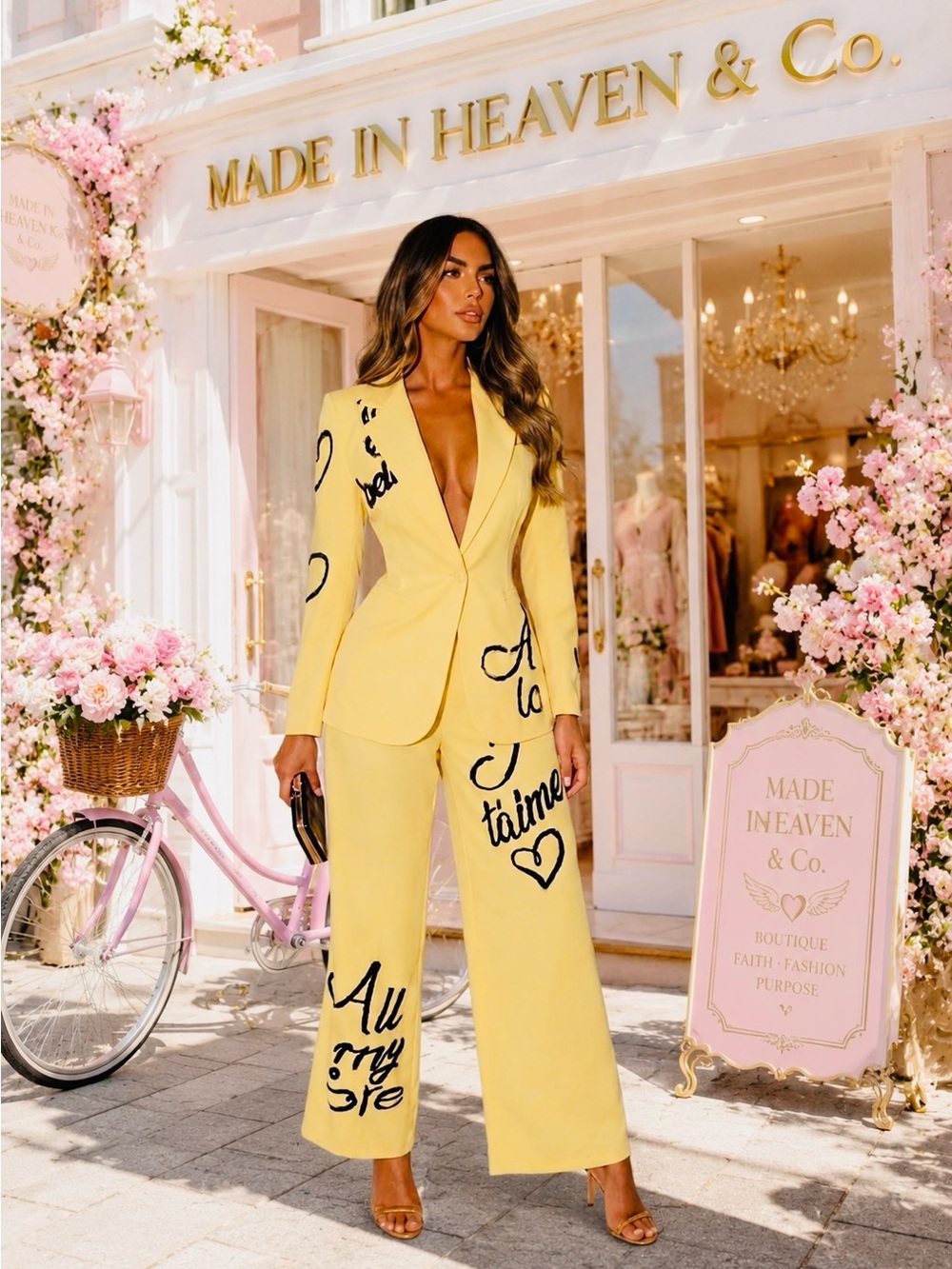 Made in Heaven Yellow Script-black sequins Tailored Blazer & Wide-Leg Pants